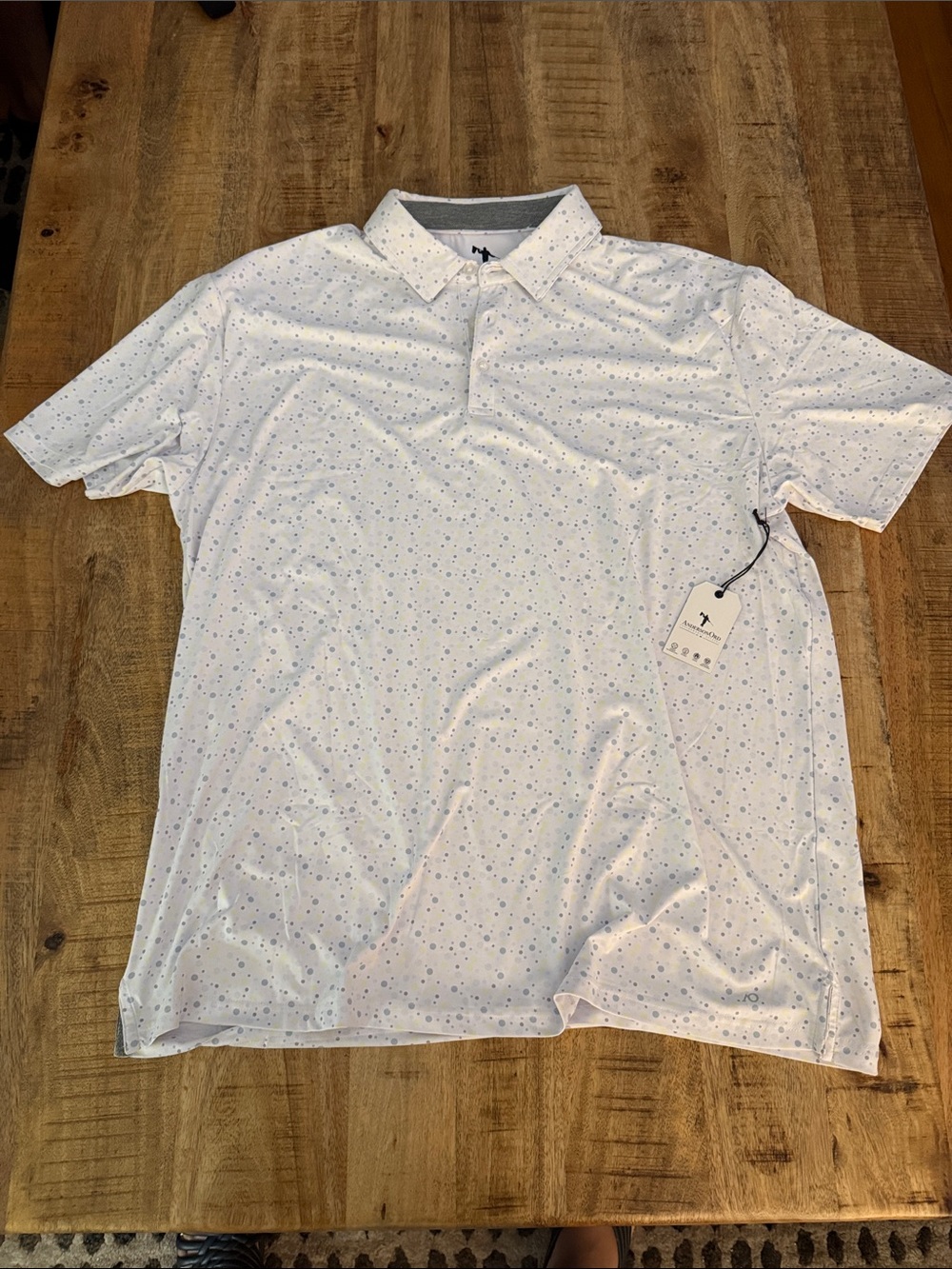 AndersonOrd Sunshine Polo Men’s White Short-Sleeve Blue Dot Print Shirt Top XL